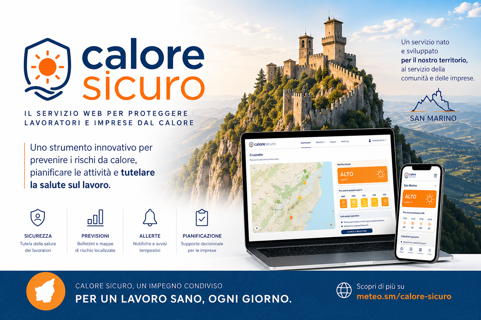 Anteprima del servizio Calore Sicuro con dashboard, allerte rischio caldo e riferimento territoriale a San Marino